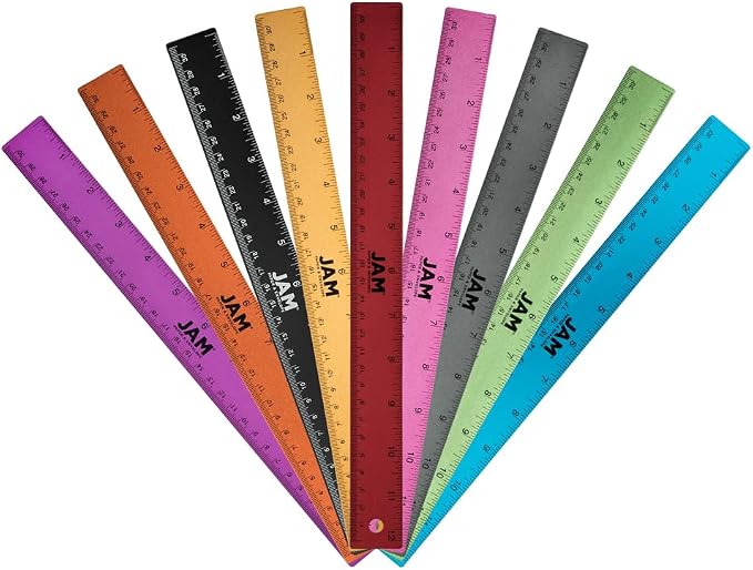 JAM PAPER Strong Aluminum Rulers - 12 Inch - Metal Rulers with Non-Skid Cork Backing - All Colors Assortment - 9/Pack