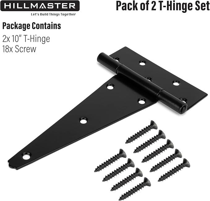 HILLMASTER 10 Inch T-Strap Heavy Duty Shed Door Hinges Gate Strap Hinges Black Tee Hinge Wrought Hardware for Wooden Fences,Yard,Barn Door,Rustproof (2 Pack)