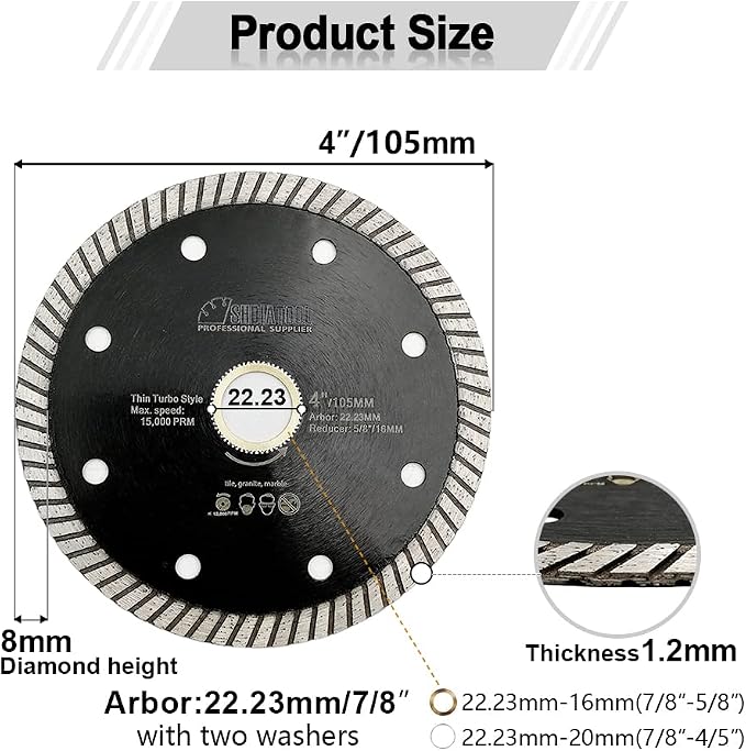 SHDIATOOL Super Thin Diamond Turbo Blade 5PCS 4 Inch Cutting Porcelain Ceramic Tile Granite Dia 105mm