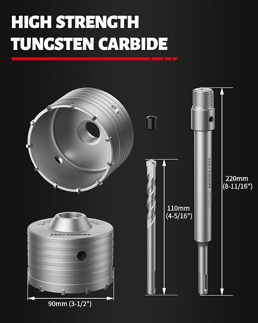DAYDOOR 3-1/2'' (90mm) Concrete Hole Saw with SDS Plus Shank Adapter, Tungsten Carbide Tipped Masonry Hole Saw, Heavy Duty Concrete Core Drill Bit for Brick, Cement Wall, and Stone