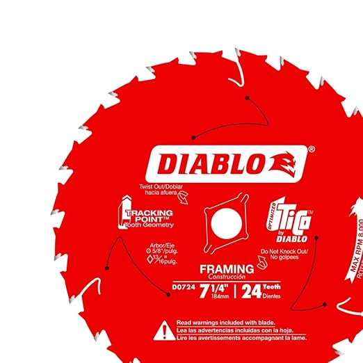 Diablo Framing Saw Blade for Wood - 7-1/4" Diameter, 24 ATB Teeth, 5/8" Arbor, .059" Kerf, 15° Hook Angle, .040" Plate, 8000 Max RPM - D0724X