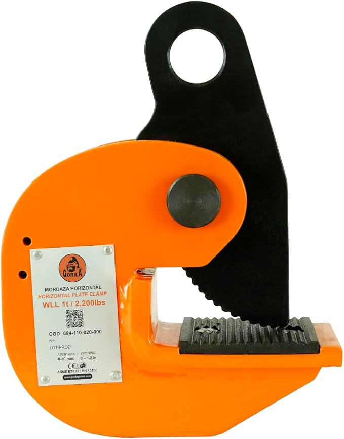 GORILA horizontal plate clamp | 2200lbs / 1 ton | Jaw opening 1.2 inch/30mm | Industrial and heavy duty Steel plate clamp for lifting and transporting | Safety factor 4:1 | Since 1989