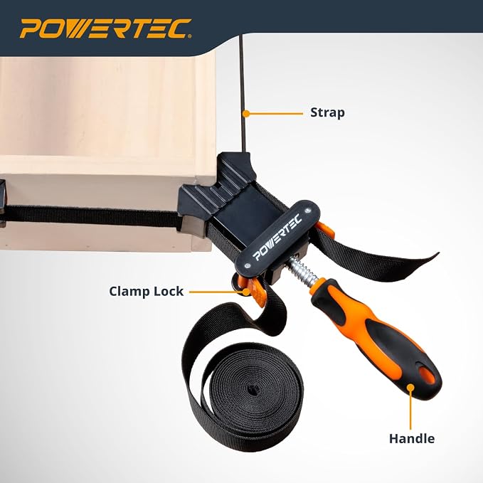 POWERTEC Strap Clamps for Woodworking – Quick Release Band Clamps with Ergonomic Handle, Adjustable Picture Frame Clamp, 13 ft Strap Belt Clamps for Cabinets and Drawers (71101V)