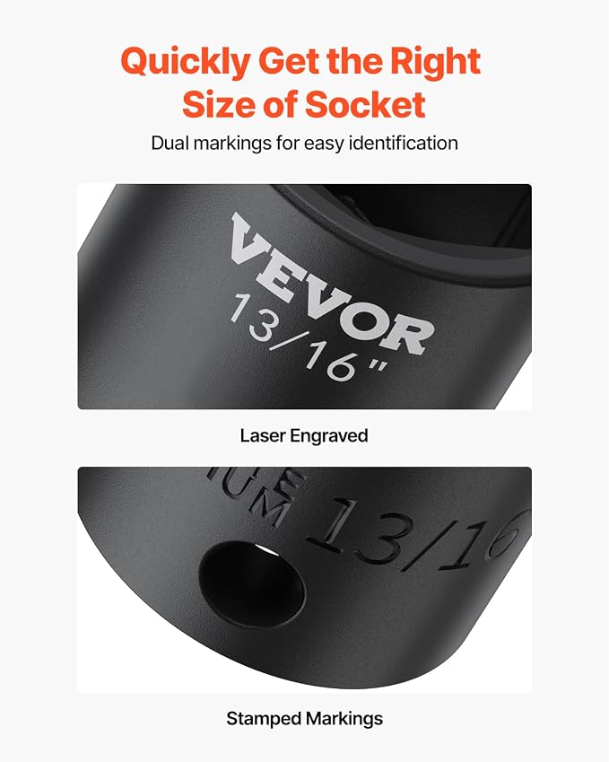VEVOR Impact Drive Socket Set 1/2 Inches 19 Piece Impact Sockets SAE, Standard Socket Assortment, (3/8 Inches to 1-1/2 Inches) 6-point Hex Sockets