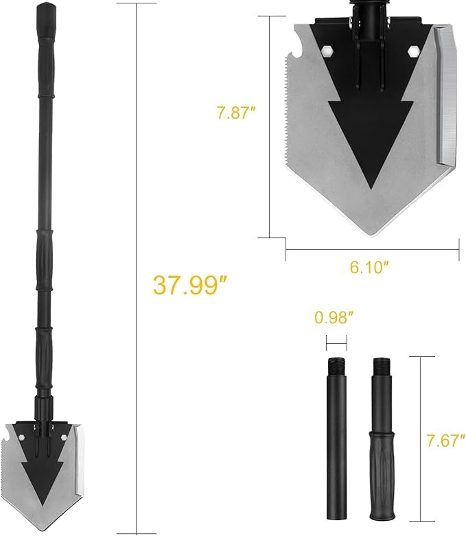 Camping Shovel 38 inch, Folding Shovel, with Pickaxe, Survival Tactical Multitool, Military Compact Tool, 180 Degree Portable Spade for Off-Roading, Backpacking, Hiking, Car Emergency
