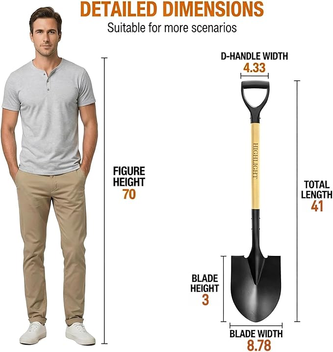 Heavy Duty Garden Shovel for Digging, 41 Inch Round Point with D-Handle, Cold Rolled Steel Blade- for Edging, Trenching, Transplanting, Snow Removal - Wood Handle for Camping, Beach, Car Emergency