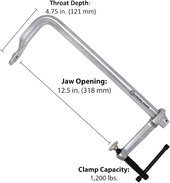 Strong Hand Tools Medium Duty Bar Clamp, Capacity 12-1/2", Clamping Pressure: 1,200 LBS, Throat Depth: 4-3/2″, Rail Size: 1 x 15/32”, UG125