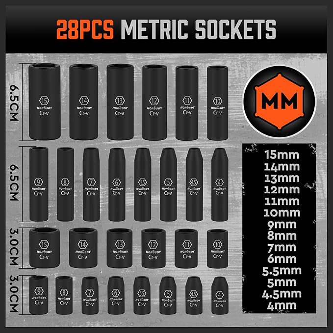 HORUSDY 56-Piece 1/4" Drive Impact Socket Set, Standard SAE (5/32 to 9/16 inch) and Metric (4-15mm) Size, 6 Point, Cr-V, 1/4-Inch Drive Ratchet Wrench, Drive Extension Bar, Impact Universal Joint