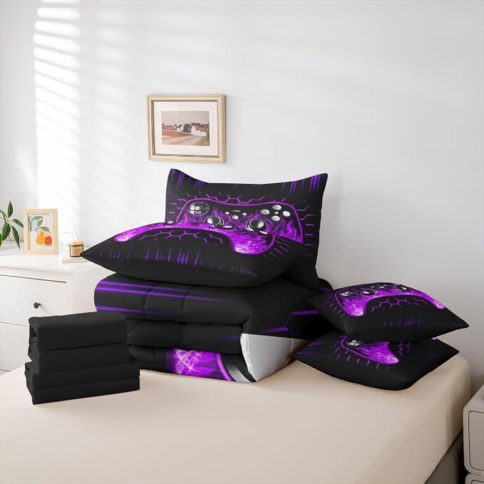 Erosebridal Boys Gaming Bed in a Bag King Size Comforter Set 7 Pieces Ombre Art Honeycomb Bedding Set Purple Neon Lights Sheet Set Game Console Bed Set Geometric Hexagon Beehive Gaming Room Decor