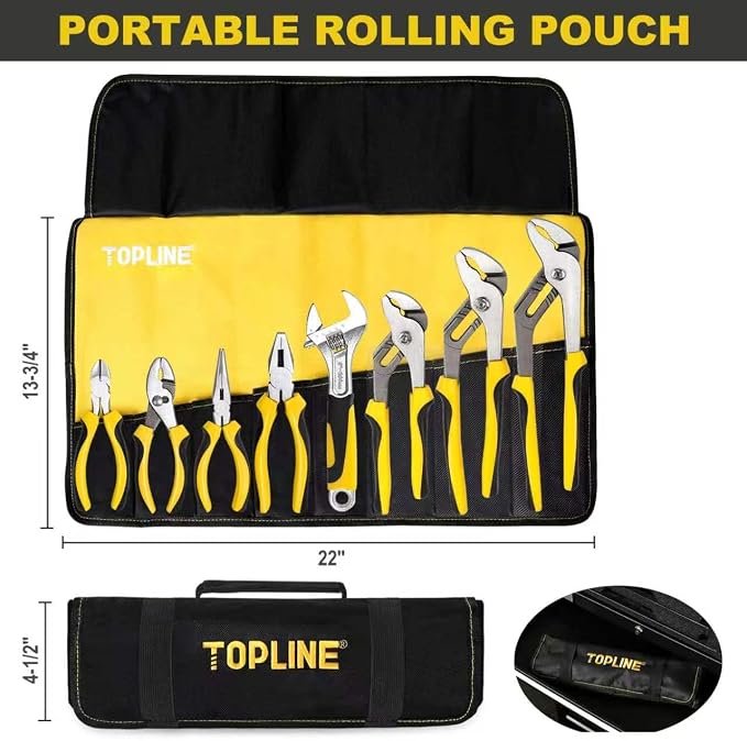TOPLINE 8-Piece Pliers and Wrench Set with Rolling Pouch | 12”, 10”, 8” Groove Joint, 8” Adjustable Wrench, 7” Linesman, 6” Slip Joint, Long Nose, Diagonal Pliers for Home Repair