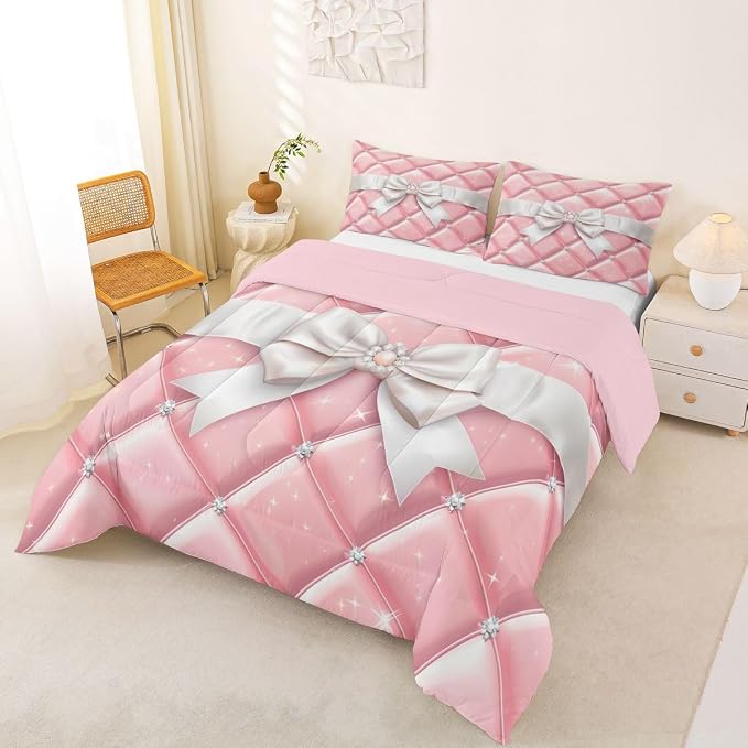 Feelyou Bow Comforter Set Full Size Glitter Bowknot Bedding Set for Kids Boys Girls Princess Duvet Quilt Bedroom Decor Microfiber 3 Pcs with 2 Pillow Cases
