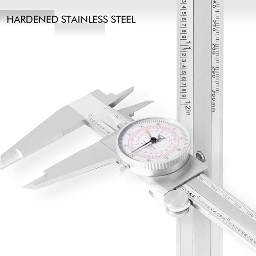 PECtools 12 Inch Dial Caliper, DIN 862 Double Dial Inch/Metric Caliper, 0-300mm, 0.001"/0.02mm Resolution, Stainless Steel, Shock Resistant, with Case