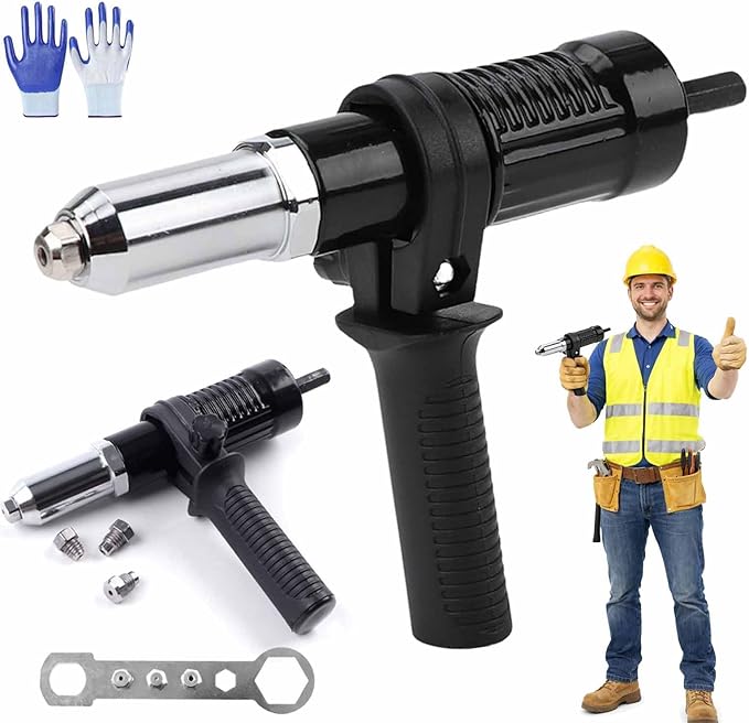 Professional Electric Rivet Nut Gun Drill Adapter Kit,Electric Cordless Rivet Gun Adapter with Removable Plastic Handle, 4 Rivet Heads,Alloy Steel Riveting Tool for Metal & Aluminum Work (1PC)