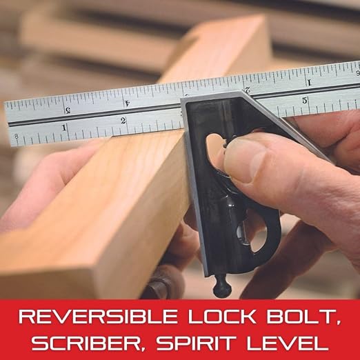 Starrett Steel Combination Square with Square Head and Center Head - 300mm Blade Length, Cast Iron Head, Hardened Steel, Reversible Lock Bolt, Scriber, 36 Graduation Type - 11MEHC-300