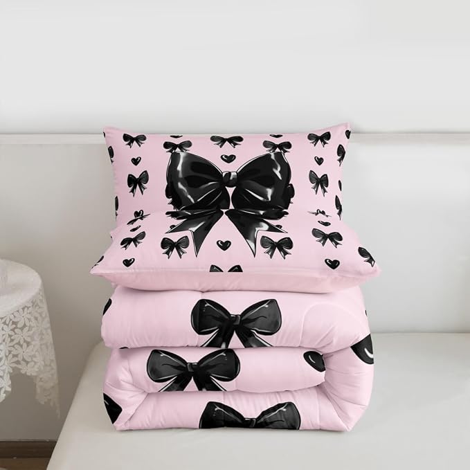 Feelyou Cute Pink Bow Comforter Set All Season Girly Bow Bedding Set with 2 Pillow Cases Love Hearts Bowknot Microfiber Kids Full Bedclothes Bedroom Decor Duvet Quilt Breathable Soft Lightweight