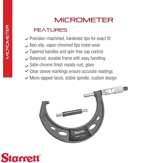 Starrett Outside Micrometer with Insulated Frame, Satin Chrome Finish and Advanced Sleeve Design - Quick and Easy Adjustment, 3-4" Range, .0001" Graduation - T444.1XRL-4