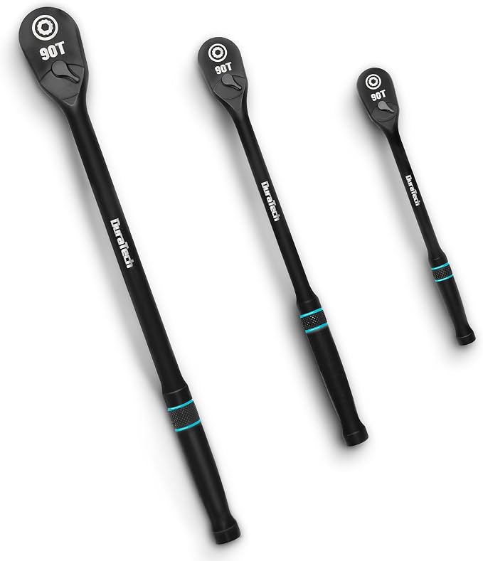 DURATECH 3-Piece Extra Long Drive Ratchet Handle, 90-Tooth Ratchet Wrench | 1/4", 3/8", 1/2" Socket Wrench with Dust Proof Teardrop Enclosed CR-MO Head, Reversible, CR-V Made, Black Mn Phosphate Finish