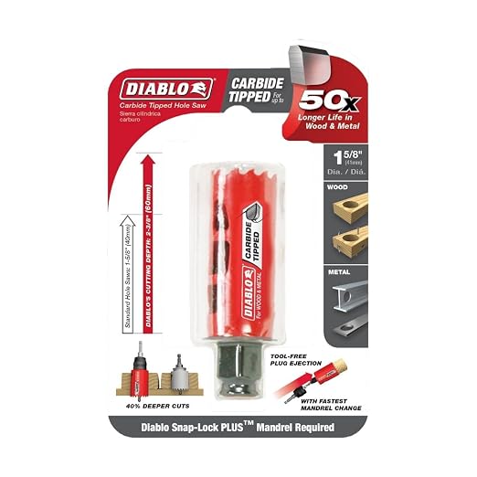 Diablo Carbide Teeth Hole Saw for Wood and Metal - Fits with Snap-Lock Plus Mandrel System, Tool-Free Plug Ejection - 1-5/8" Diameter, 2-3/8" Length - DHS1625CT