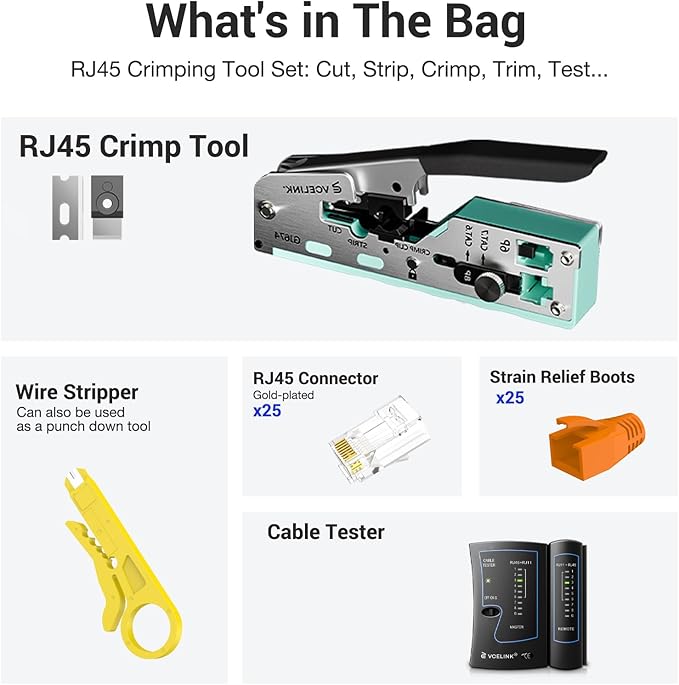VCELINK RJ45 Crimp Tool Kit for CAT7/6A/6/5E/5, Upgraded Network Tool Set with an Ethernet Crimper, 25 RJ45 Connectors & Boots, Cable Tester, and Wire Stripper, Green (no Cloth Bag Include)