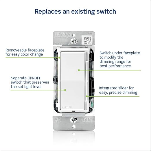 Leviton Decora Slide Dimmer Switch for Dimmable LED, Halogen and Incandescent Bulbs, DSL06-1LZ, White with Ivory and Light Almond Faceplates (Pack of 10)