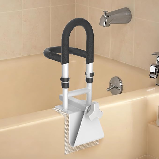 Butizone Adjustable Shower Grab Bars with 2 Handrails - Clamp-On Anti-Slip Bathtub Safety Rail for Elderly, Fits 3" to 7" Tub Walls, Supports Up to 300lbs