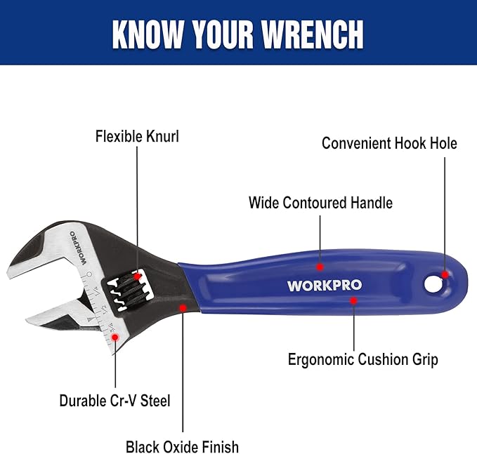 WORKPRO 6-Inch Compact Adjustable Wrench, Wide Jaw Cr-V Steel Black Oxide Finish, for Medium-Duty Use (M6–M16 Bolts), Metric & SAE Scales, for Home, Garage, DIY & Light Workshop Applications
