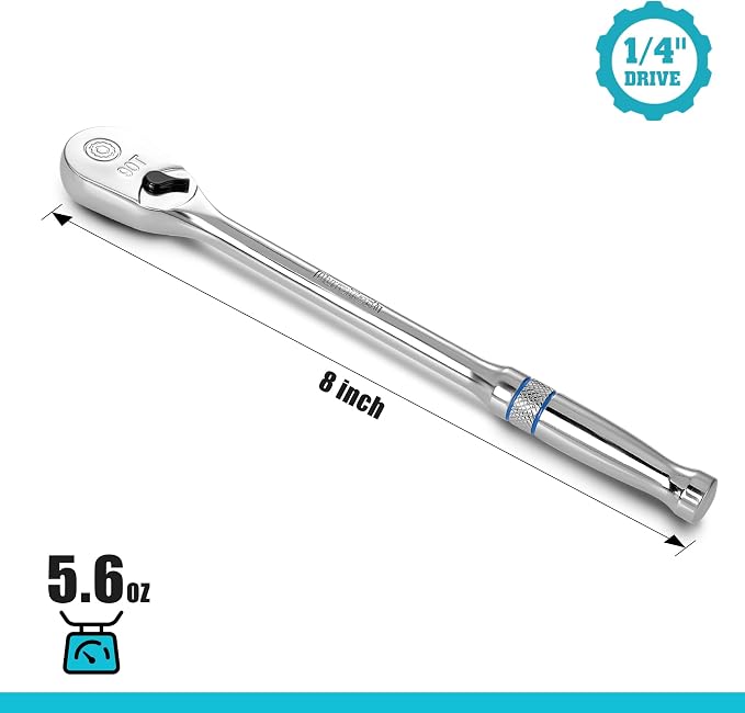 DURATECH Extra Long Handle 1/4-Inch Drive Ratchet, 90-Tooth Ratchet Wrench | Socket Wrench with 8" Handle and Dust Proof Teardrop Enclosed Head, Reversible, CR-V Steel Made, CR-MO Head, Full Polished
