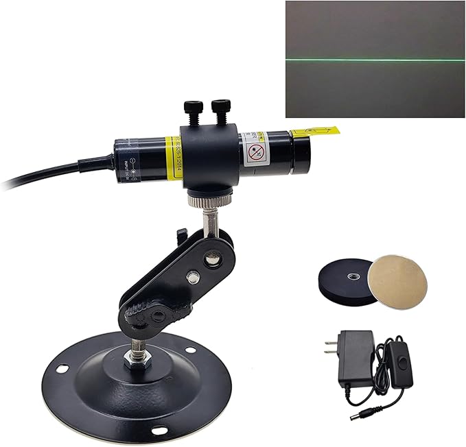 520nm Green Light Line Module Projector Focusable Locator Generator for Wood Stone Fabric Alignment Dia.16mm (5V DC with Adapter, Mount and Magnetic Base)