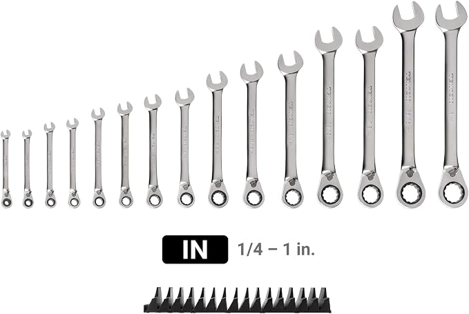 TEKTON Reversible Ratcheting Combination Wrench Set, 15-Piece | WRC94301 | (1/4 - 1 in.), 12-Point, Satin Chrome Finish, Modular Organizer