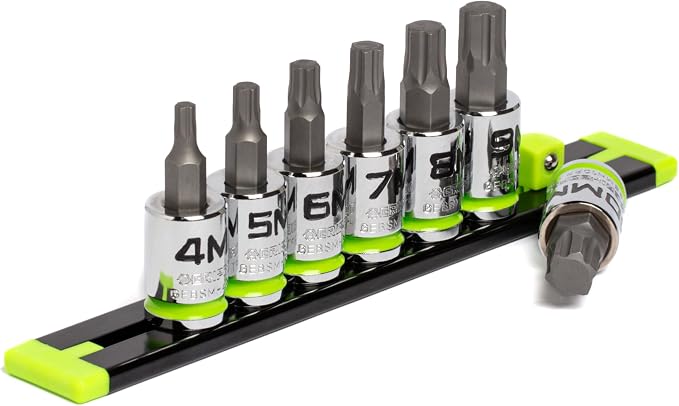 GRIPEDGE HEX Bit Socket Set | 7-PC - 3/8'' Drive Short Metric RPT Hex Driver Set | Sizes 4MM - 10MM | Made With S2 Steel | Includes Premium Aluminum Storage Rail |
