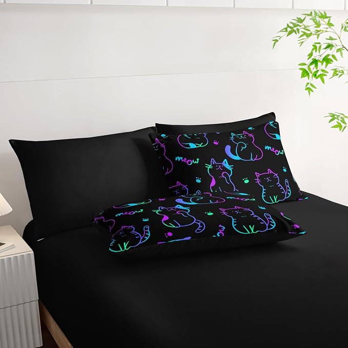 Cute Cat Kids Comforter Set King Size,7Pcs Black Neon Lights Animals Printed Bedding Sets for Kids Boys Girls Room Decor,Modern Aesthetic Sheets Twin Size Bed Set.