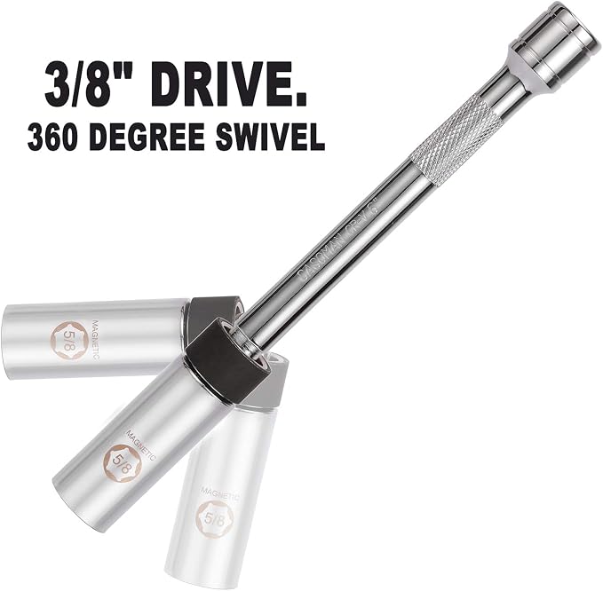 CASOMAN 5/8" Swivel Magnetic Spark Plug Socket, 3/8" Drive x 8-Inch Ext. Bar Length, 360 Degree Swivel, Enhanced Magnetic Design, 6 Point, Cr-V Steel