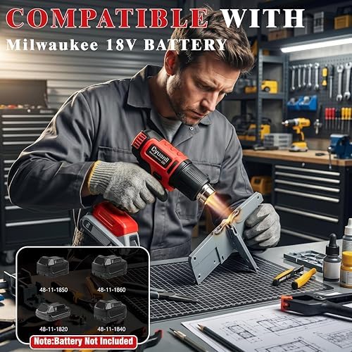 Cordless Heat Gun for Milwaukee 18V Battery, 350W Fast Heating Hot Air Gun, LCD Display 2 Temp 120℉-1110℉, 3 Nozzles Portable Gun for Shrink Tubing, Paint Removal, Soldering DIY, Tool Only