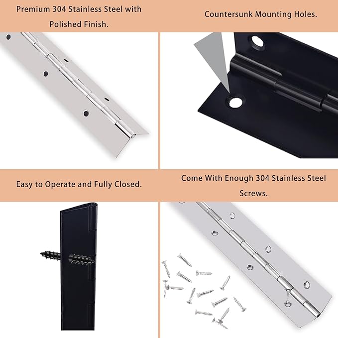 2PCS Heavy Duty Piano Hinge 30 Inch x 1.2 Inch Open Width Stainless Steel Black Continuous Hinge for Cabinet, Door, DIY Wood Boxes, 0.047" Leaf Thickness
