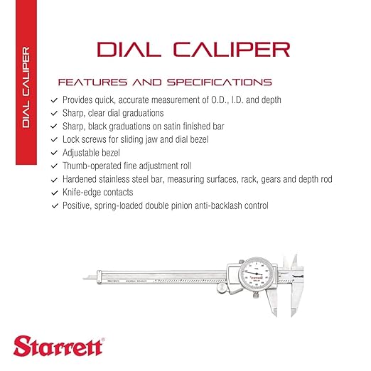 Starrett Dial Caliper with Adjustable Bezel and Fitted Case - White Face, 0-6" Range, -0.001" Accuracy, .001" Graduation - 3202-6