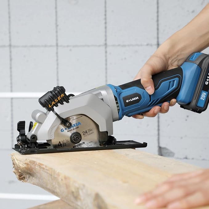 Mini Circular Saw, 4-1/2"" 3400RPM Cordless Circular Saw with Laser Guide, Rip Guide, Compact Hand Saw with 2Pcs blades（24T+60T), Max Cutting Depth 1-11/16""(90°), 1-1/8""(45°), Blue