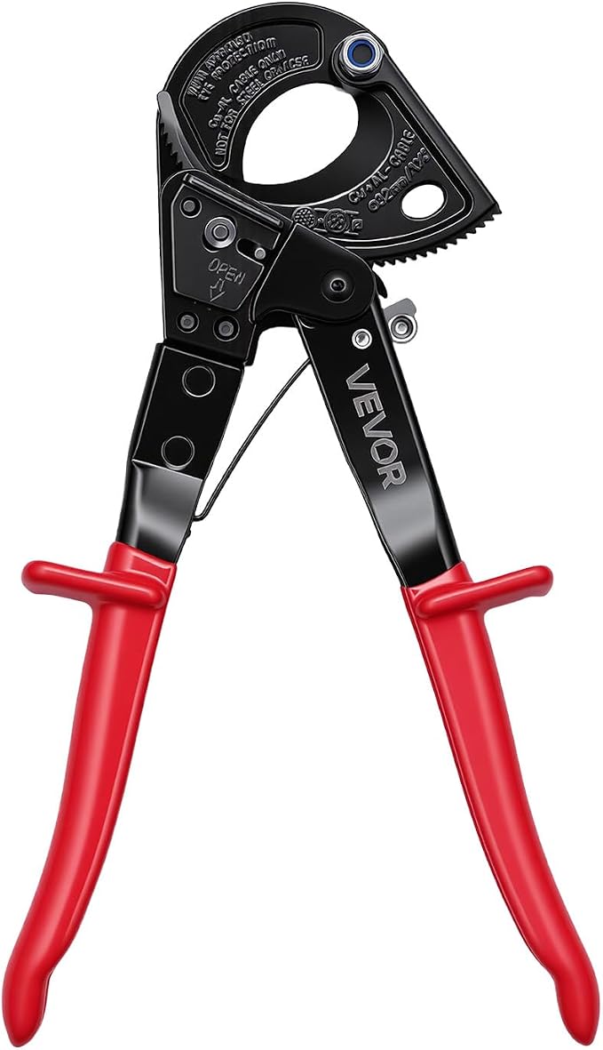 VEVOR Ratcheting Cable Cutter, Spring Steel Blades with PVC-Coated Handles, Quick-Release Button, Heavy Duty Ratchet Cable Wire Cutter for Cutting Copper & Aluminum Cables Up to 474 MCM / 240 mm²