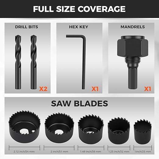 HORUSDY 8PCS Hole Saw Kit, 1"–2-1/8" (25–54mm), with 2 Pcs Drill Bits, Mandrel & Hex Key, Smooth Cut, DIY-Friendly Set for Soft Wood, Plywood, PVC