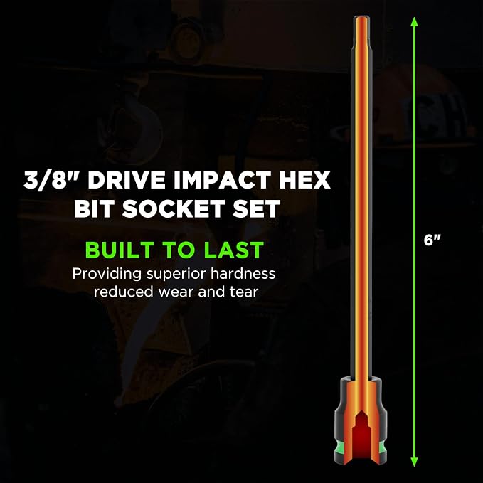 TecoTek 3/8" Drive Long Impact Hex Bit Socket Set, Allen Bit Sockets, 20PCS Allen Wrench Socket, SAE (1/8"-7/16”) and Metric (3MM-12MM), 6" Long CR-V & S2 Alloy Steel Hex Key Set