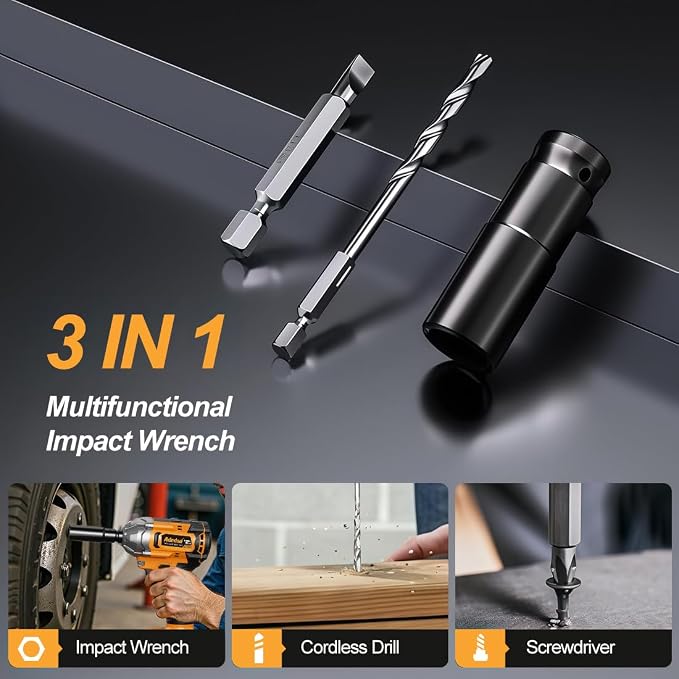 Brushless Impact Wrench 3-in-1 500N.m(369Ft-lbs) Torque Wrench 1/2 Drive with 2.0Ah Battery, 8 Drill Bits, 6 Screwdriver Bits, 4 Sockets, Cordless Impact Gun for automotive Repair and DIY