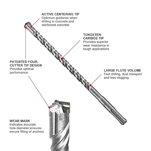 SALI SDS Plus Rotary Hammer Drill Bit 10 Pcs 7/32"*6" Concrete Drill Bit Kit Cross-Type Double Thread Carbide Material Suitable for Concrete, Brick, Cement Walls, Stone, Hammer Drill Bits for Concrete