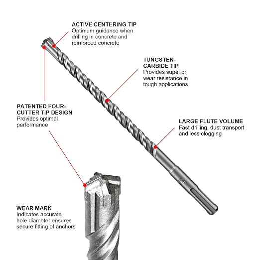 SALI SDS Plus Rotary Hammer Drill Bit 10 Pcs 3/16"*4" Concrete Drill Bit Kit Cross-Type Double Thread Carbide Material Suitable for Concrete, Brick, Cement Walls, Stone, Hammer Drill Bits for Concrete
