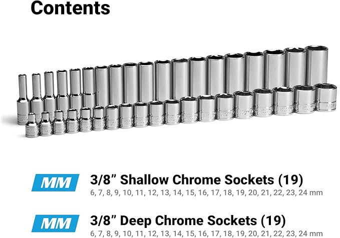 Capri Tools 3/8 in. Drive Shallow and Deep Chrome Sockets Set, 6-Point, 6 to 24 mm, 38-Piece