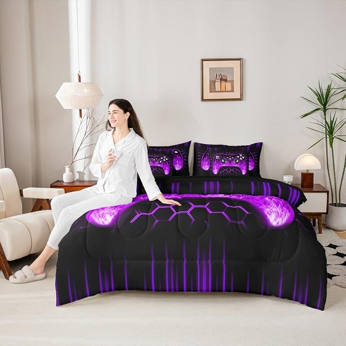 Erosebridal Boys Gaming Bed in a Bag Queen Comforter Set 7 Piece Ombre Art Honeycomb Bedding Set Purple Neon Lights Sheet Set Game Console Bed Set Geometric Hexagon Beehive Gaming Room Decor