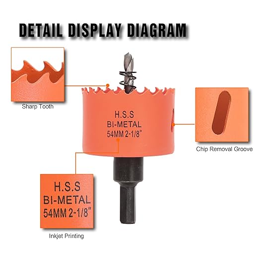 2-1/8 inch Hole Saw with Arbor for Metal Wood Plastic, 2-1/8 in Bimetal Hole Cutter for Different Project with Smooth and Flat Drilling Edge, Fast Chip Removal
