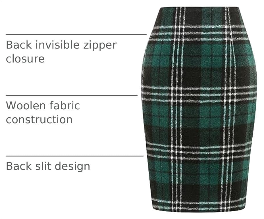 IDEALSANXUN Plaid Skirts for Women Fall Winter Knee Length Pencil Wool Skirt with Slit