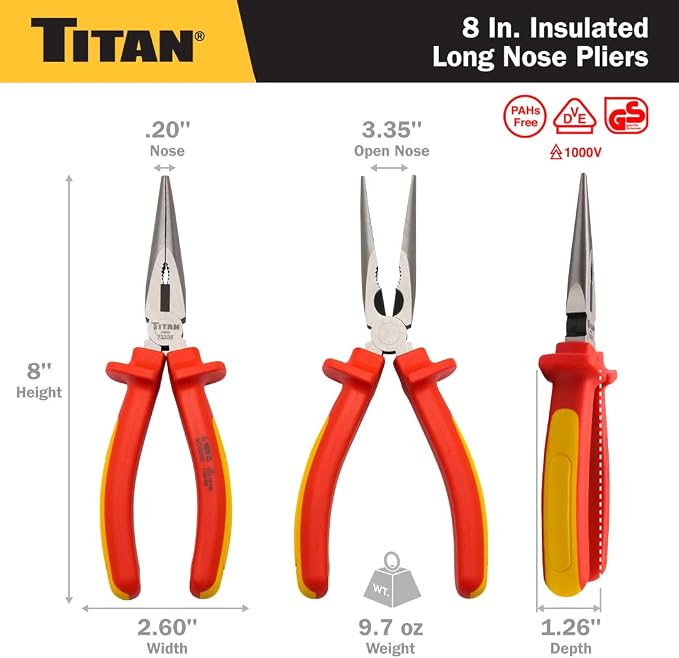 Titan 73338 8-Inch VDE Insulated Long Nose Pliers