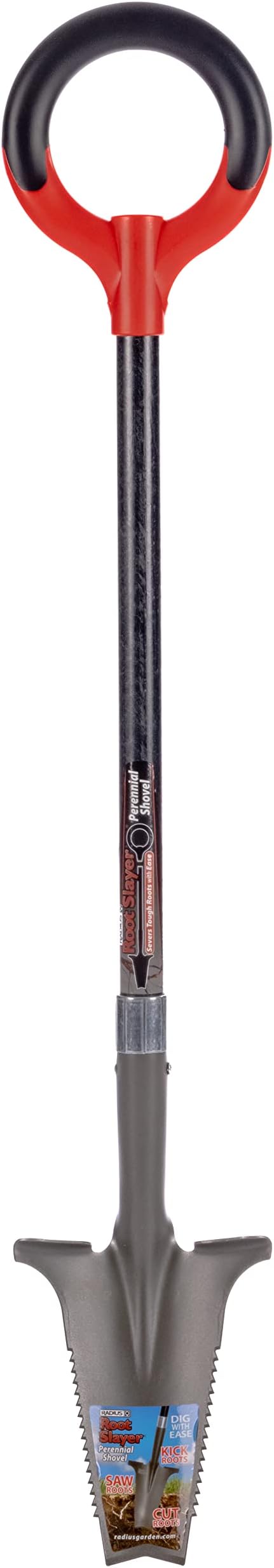 Root Slayer 23311 Perennial Garden Shovel with Serrated Blade for Digging and Root Cutting, Fiberglass Shaft, Heavy Duty Steel Spade, Red