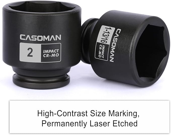 CASOMAN 1/2'' Drive Spindle Axle Nut Impact Socket Set, 6 Point, CR-MO,1-13/16, 1-7/8, 1-15/16, 2 inch, 4PC 1/2-Inch Impact Socket Set, Heavy Duty Use In Removing And Installing Axle Nuts