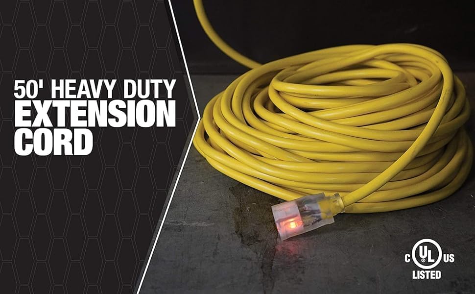 Southwire Outdoor Extension Cord – Durable Vinyl Jacket for For Farm, Ranch & Workshop - Lighted End With Reinforced Blades - SJTW, Yellow - 12 Gauge, 3 Prong - 50 Feet